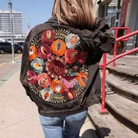 New Boho Embroidered Black Denim Jacket Coat - Picture 4 of 12